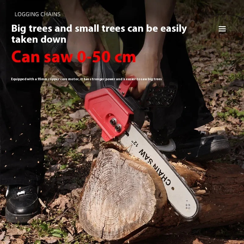 Red 12-inch handheld chainsaw with brushless D1 motor, manganese steel chain, and rechargeable lithium battery