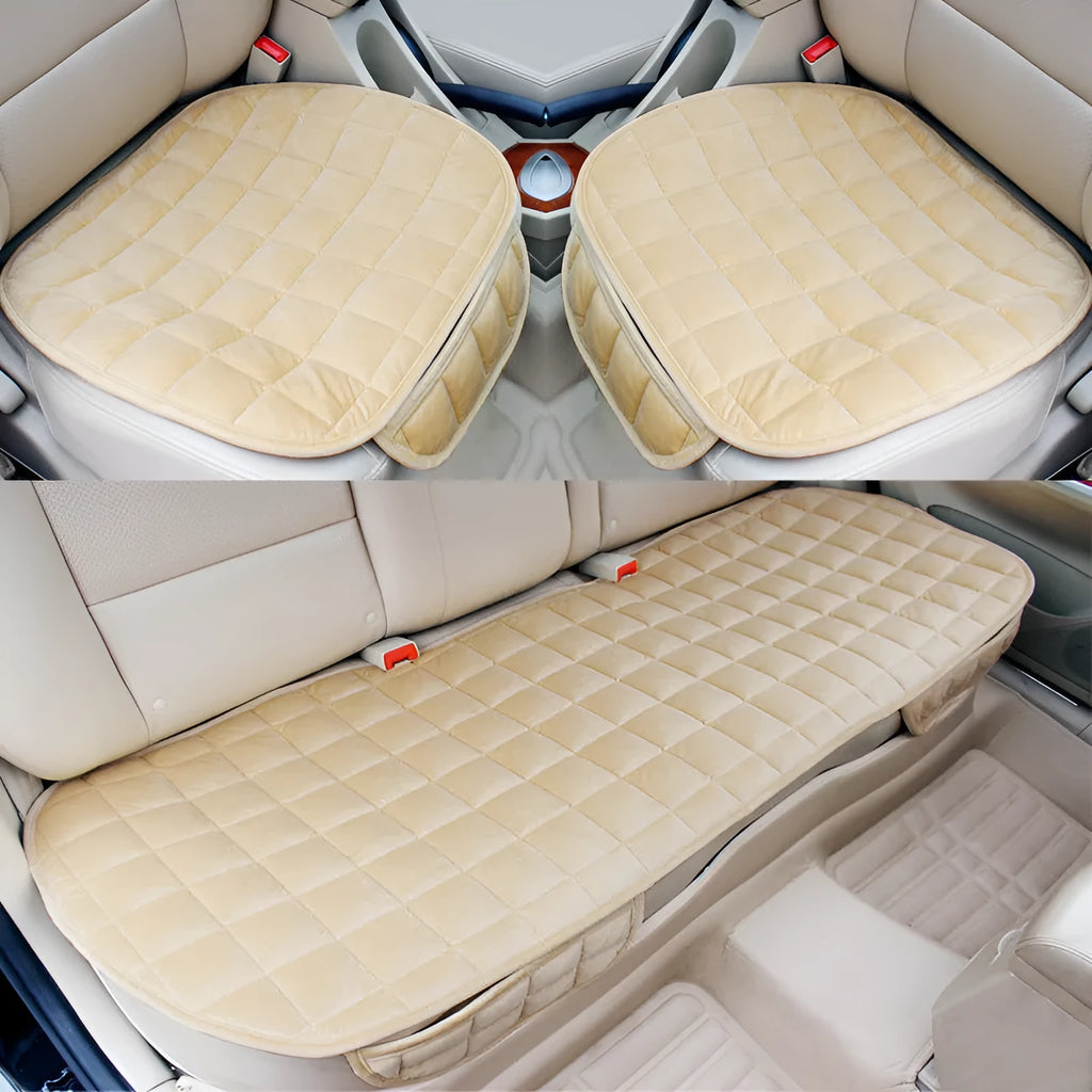 Checkered embroidered plush car seat cushion set in brown, beige, black or grey with non-slip backing