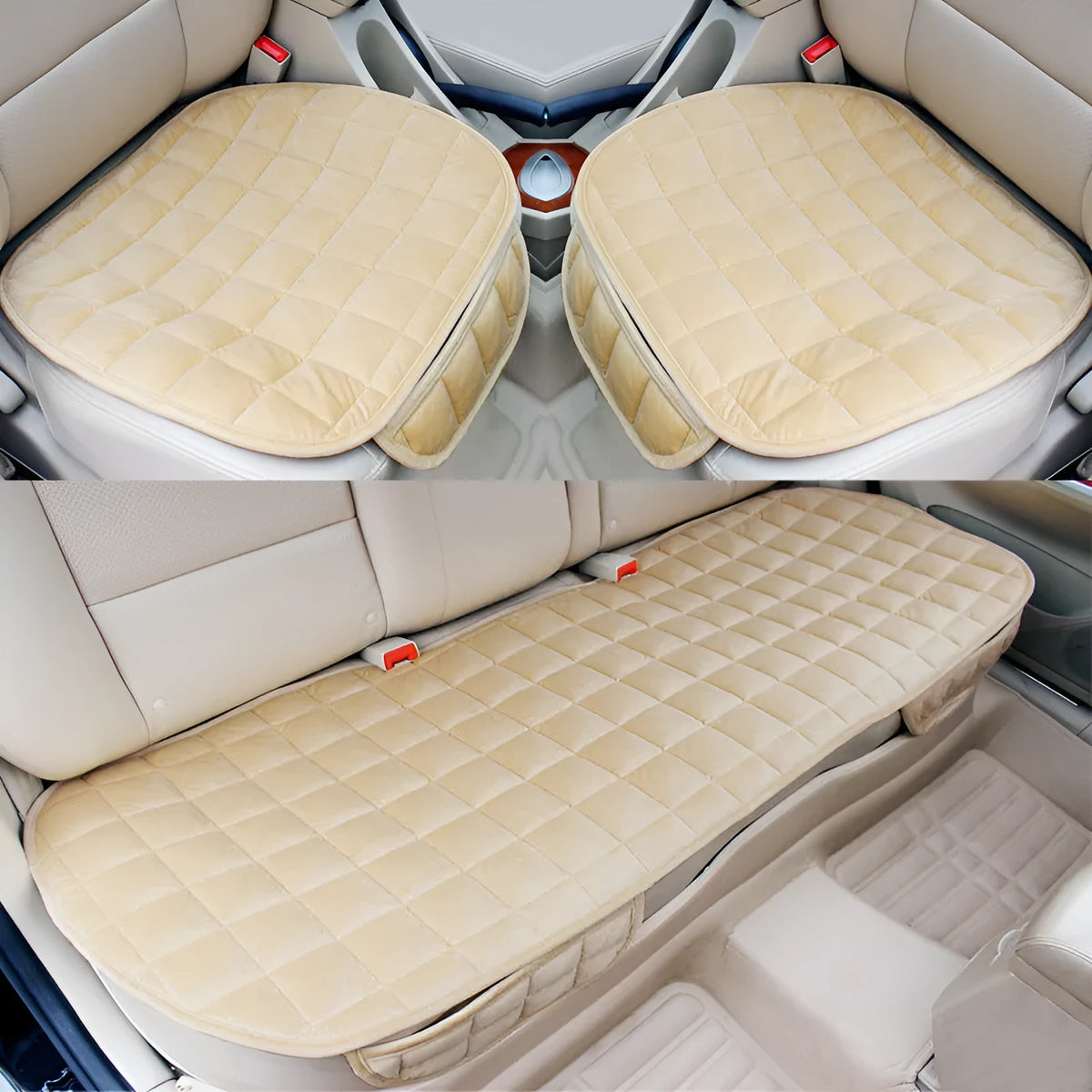 Checkered embroidered plush car seat cushion set in brown, beige, black or grey with non-slip backing