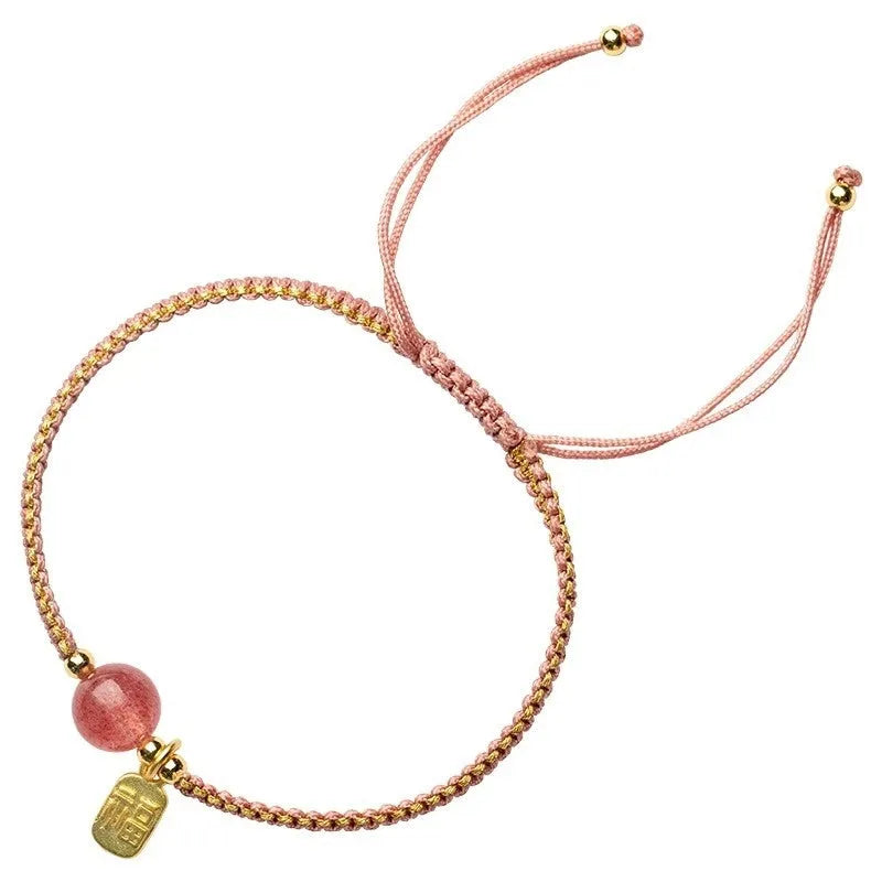 Adjustable red rope bracelet with natural stone beads in national Chinese style
