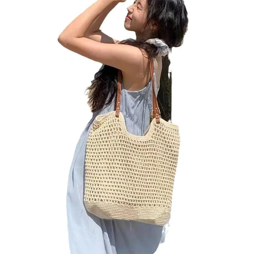 Beige woven cotton linen shoulder bag with large capacity beach design
