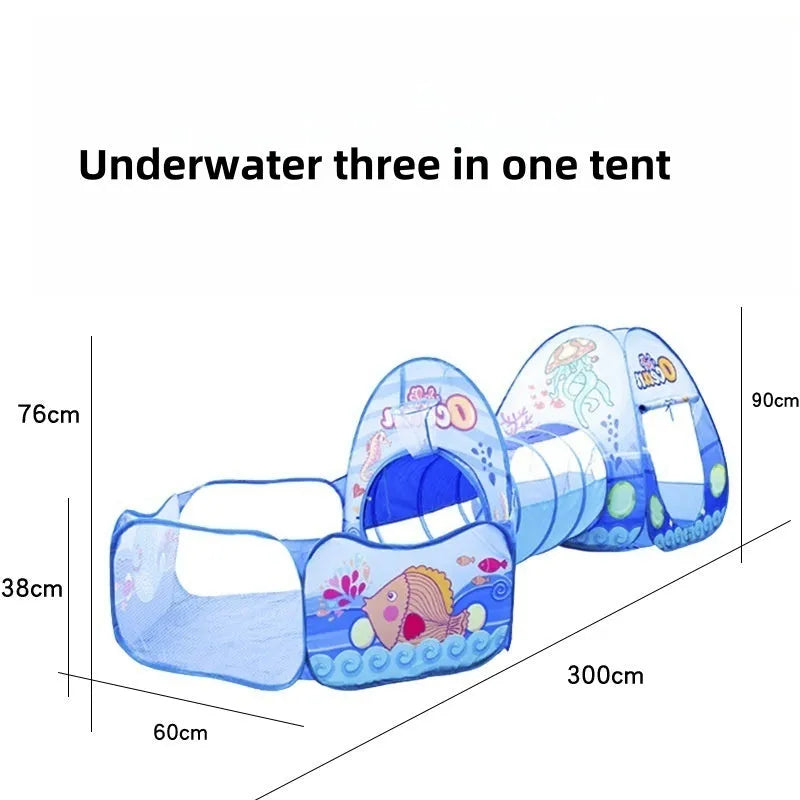 Children's three-in-one tent play set with ball pool and tunnel in marine theme
