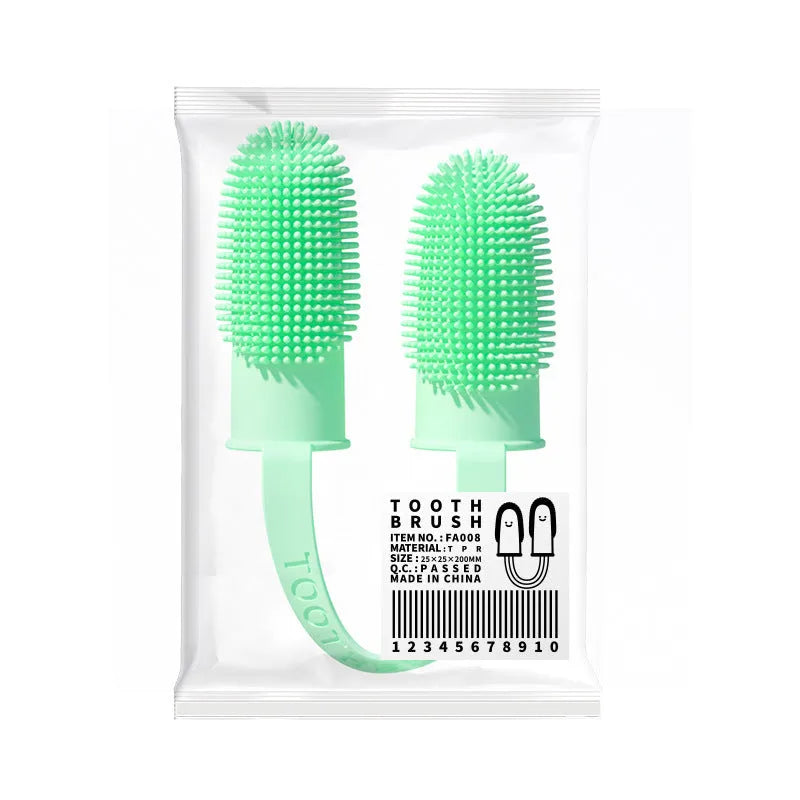 TPR double finger dog toothbrush set in pink, blue green and grass yellow colours for canine dental care