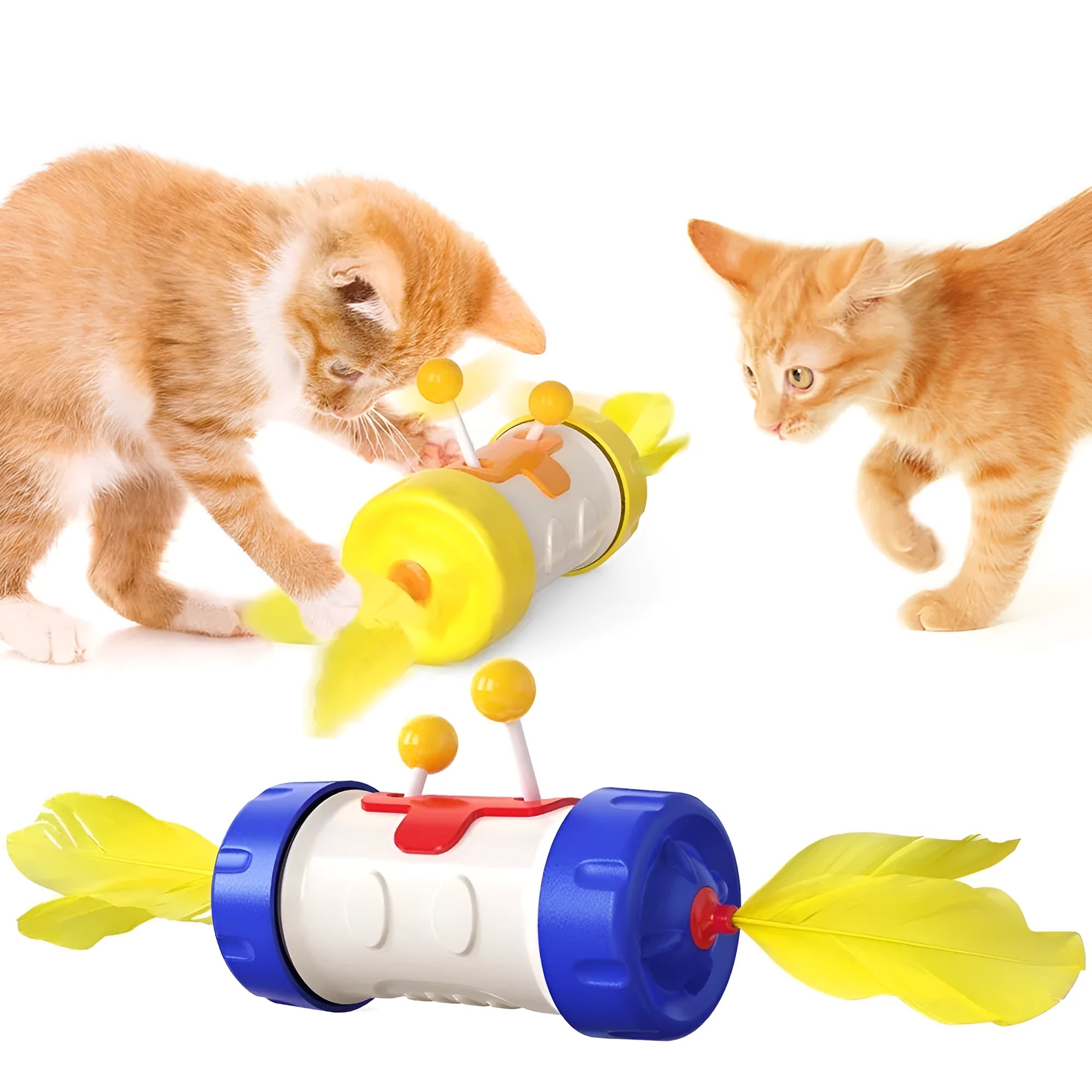 Interactive cat stick toy with blue feather ball and wobbly yellow tumbler base on a carpet.