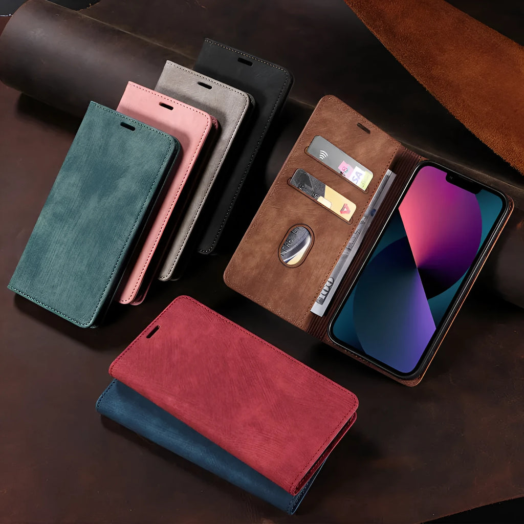 Magnetic flip phone case in grey showing front flap with card slots closed over an iPhone