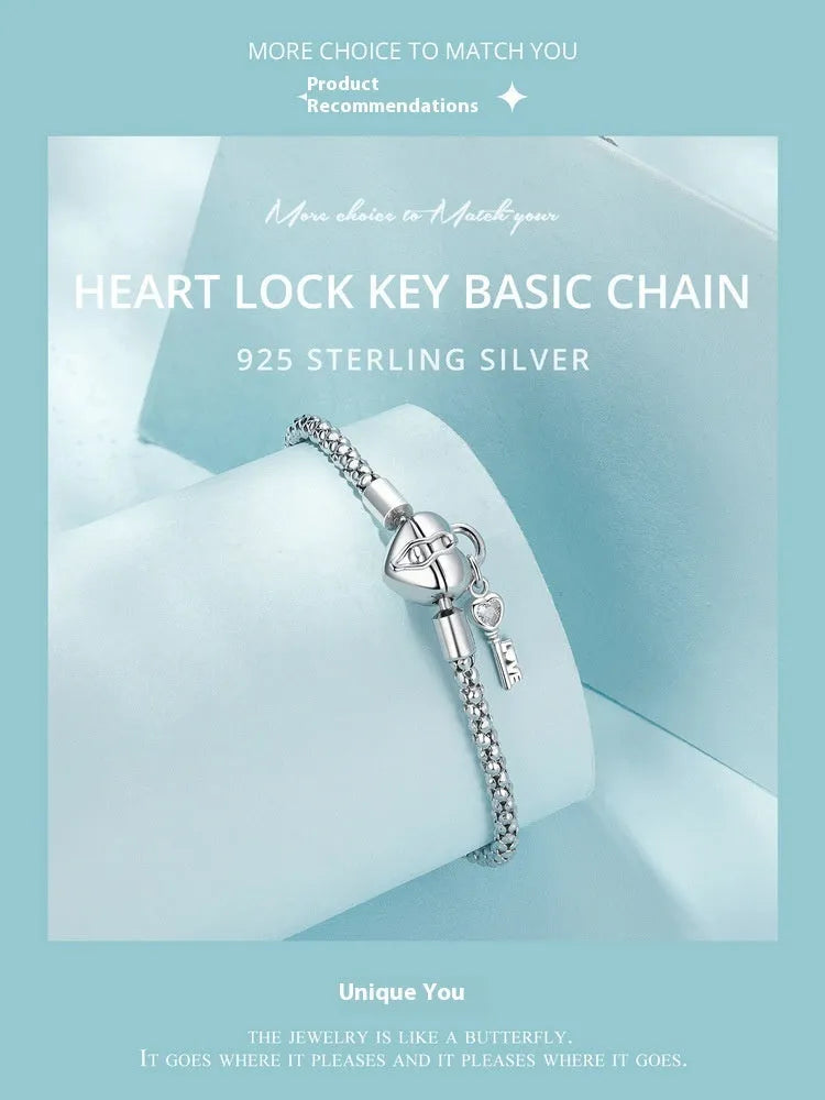 925 silver heart lock key base bracelet on white background, 17cm or 19cm size option