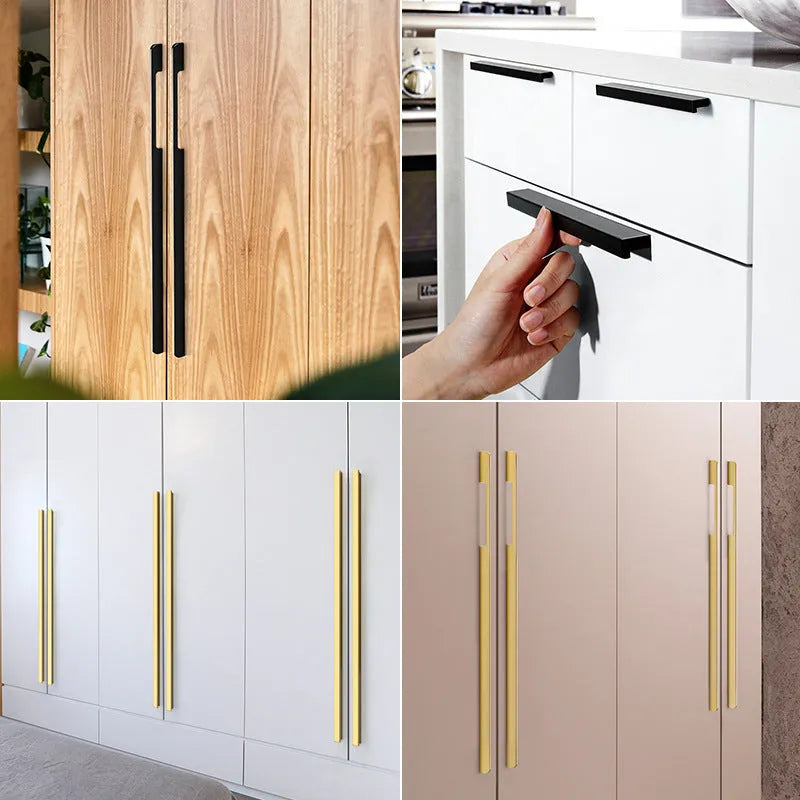 Modern gold T-shaped aluminium alloy cabinet handle showing hole spacing options.