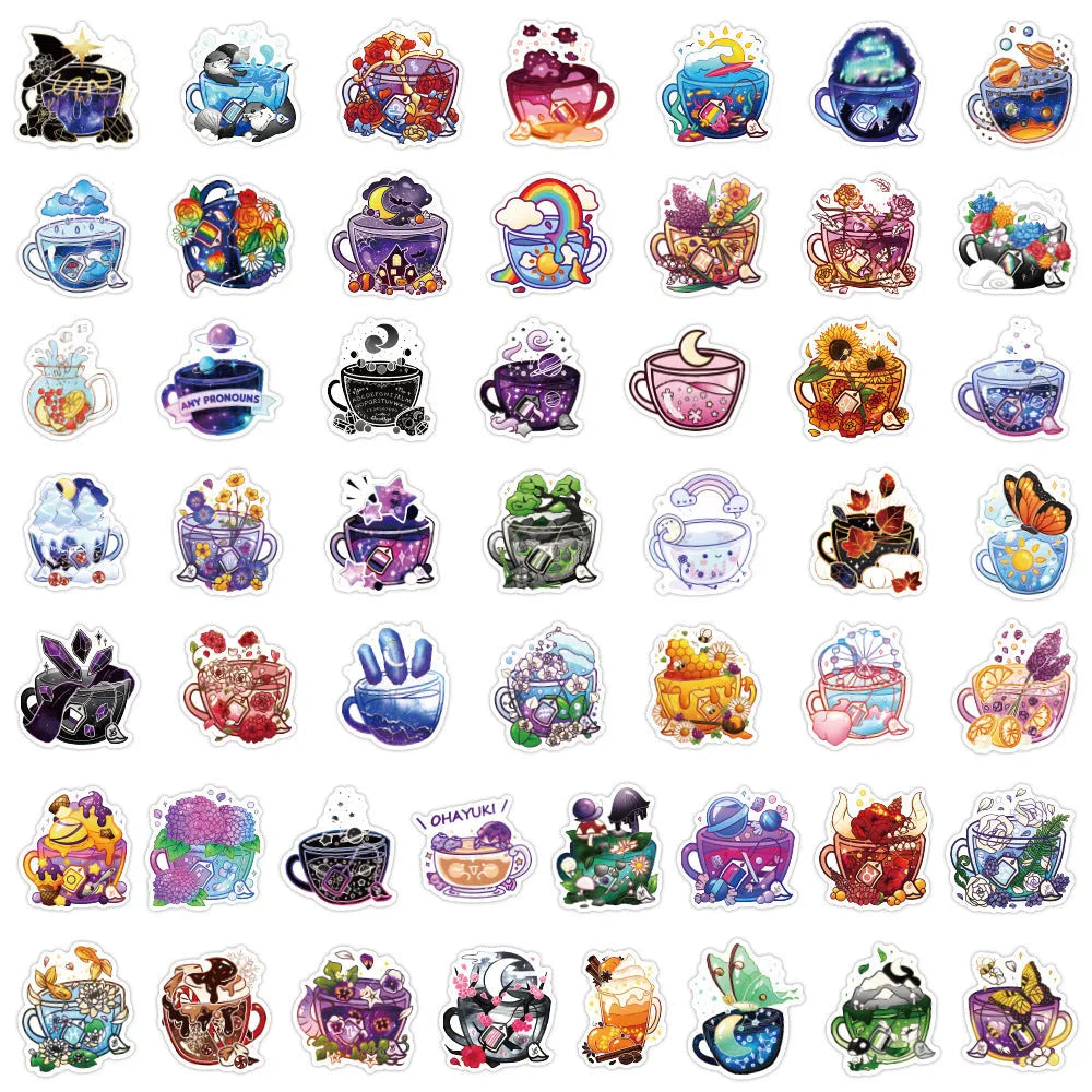 Pack of 50 colourful tea cup graffiti design waterproof stickers for DIY scooter and luggage customisation.