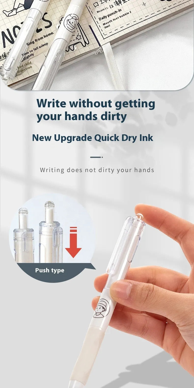 Five white ballpoint pens with 0.5mm tips and black quick-drying ink, laid side by side.