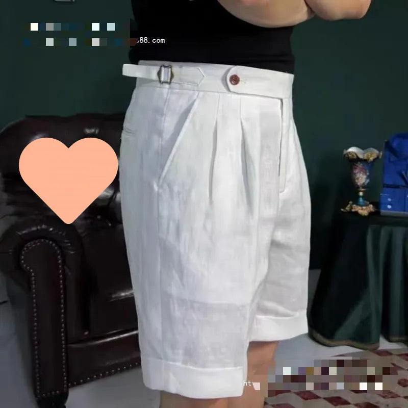 Men's linen five-point shorts in cotton-linen blend, double waist, cuffed hem, white colour, front view