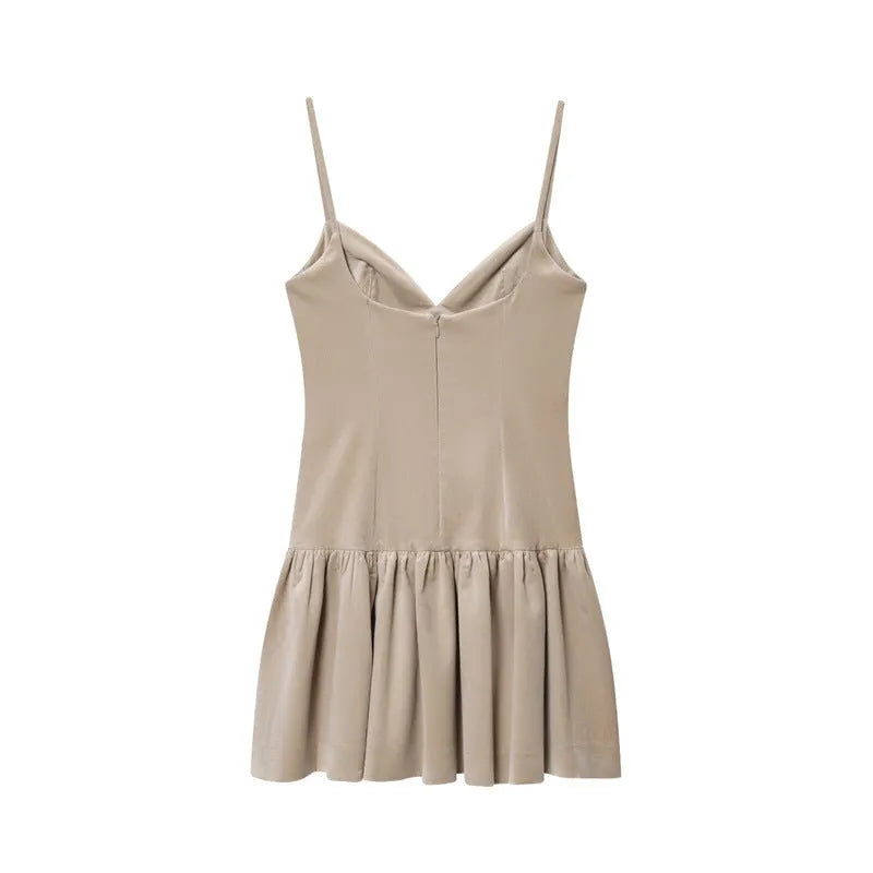 Women's camisole fluffy short dress in khaki with hooded asymmetric pleated design and regular sleeves