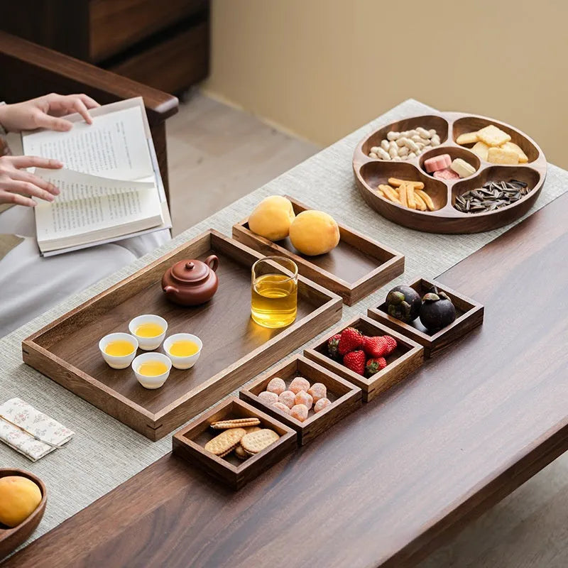 Solid wood snack candy tray in burlywood with multi-grid options and cover