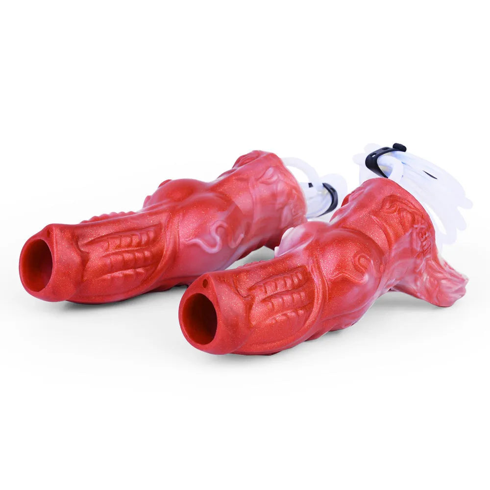 Liquid silicone exotic condom toy with manual water spray system and syringe airbag components