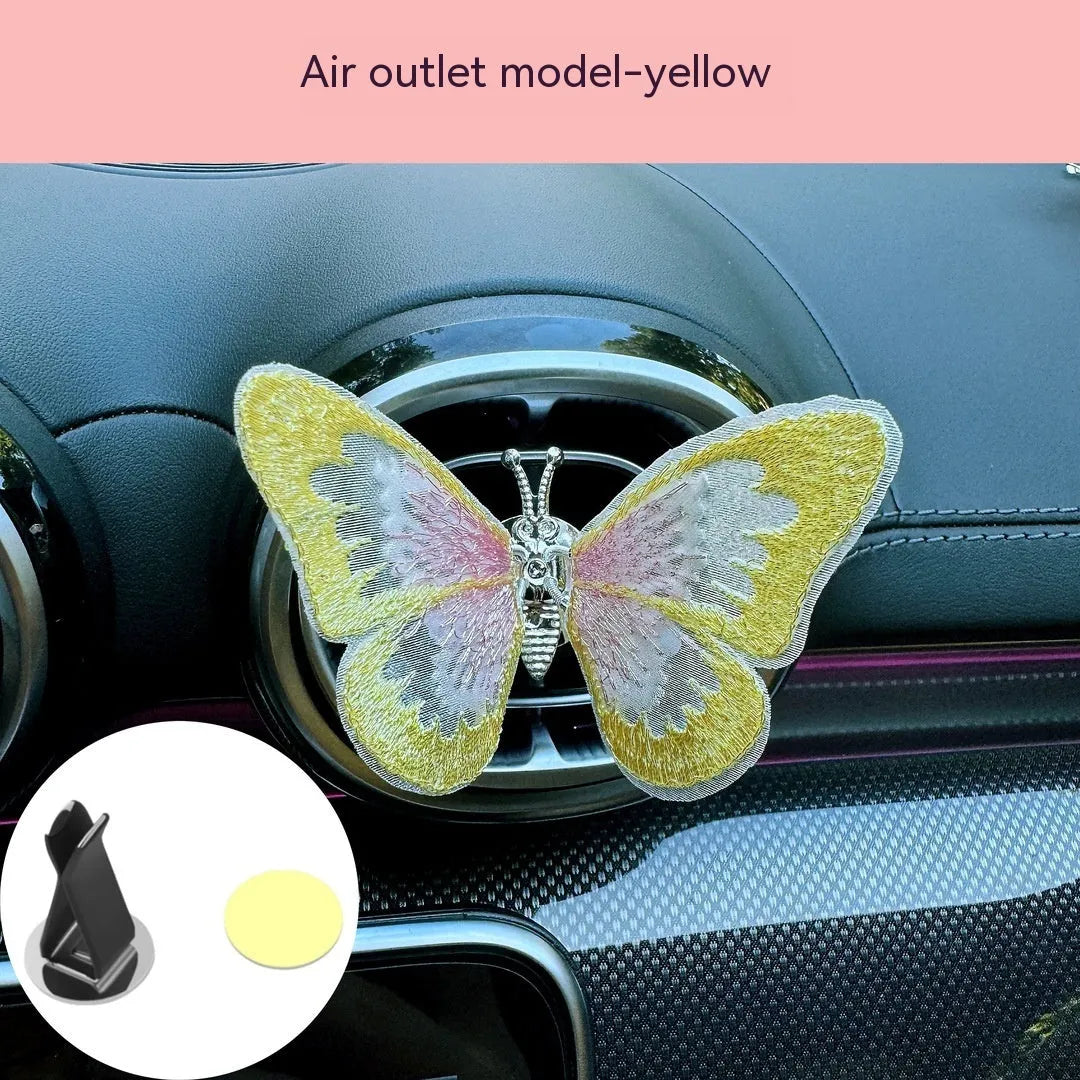 Moving embroidery butterfly fabric car centre console air vent decoration in multiple colour options