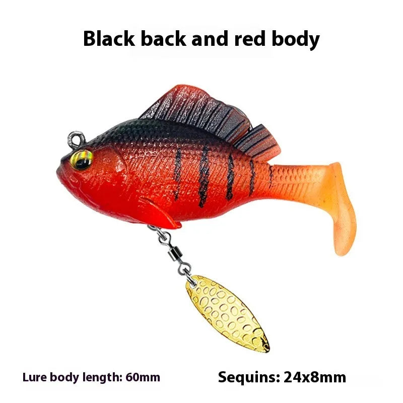 Rotating sequins T tail fishing bait in 10g and 14g, shown in multiple colour options for freshwater bass and mandarin fish.