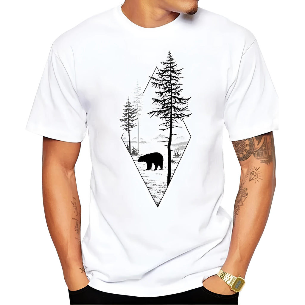White short sleeve polyester T-shirt with forest bear and letter print for men