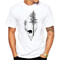 White short sleeve polyester T-shirt with forest bear and letter print for men