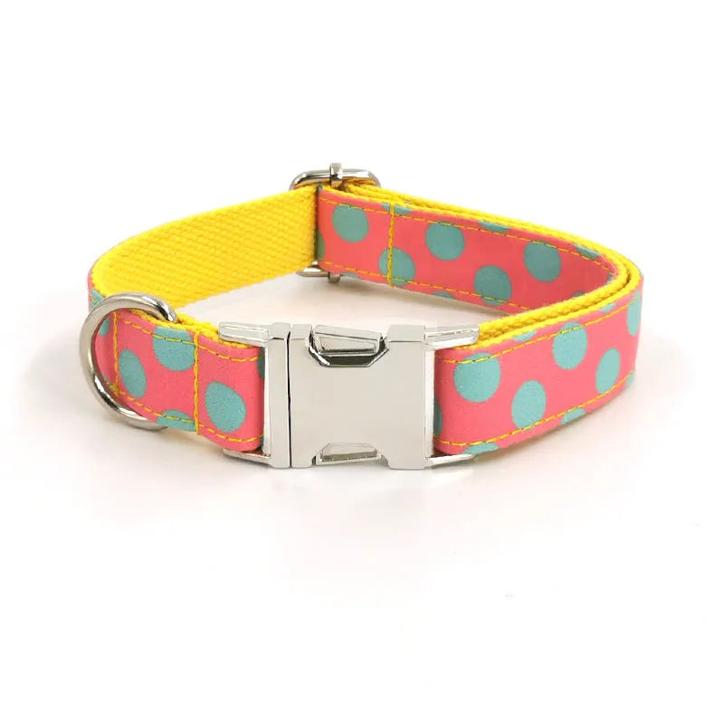 Yellow polka dot dog collar and lead set with bow accents and five size options