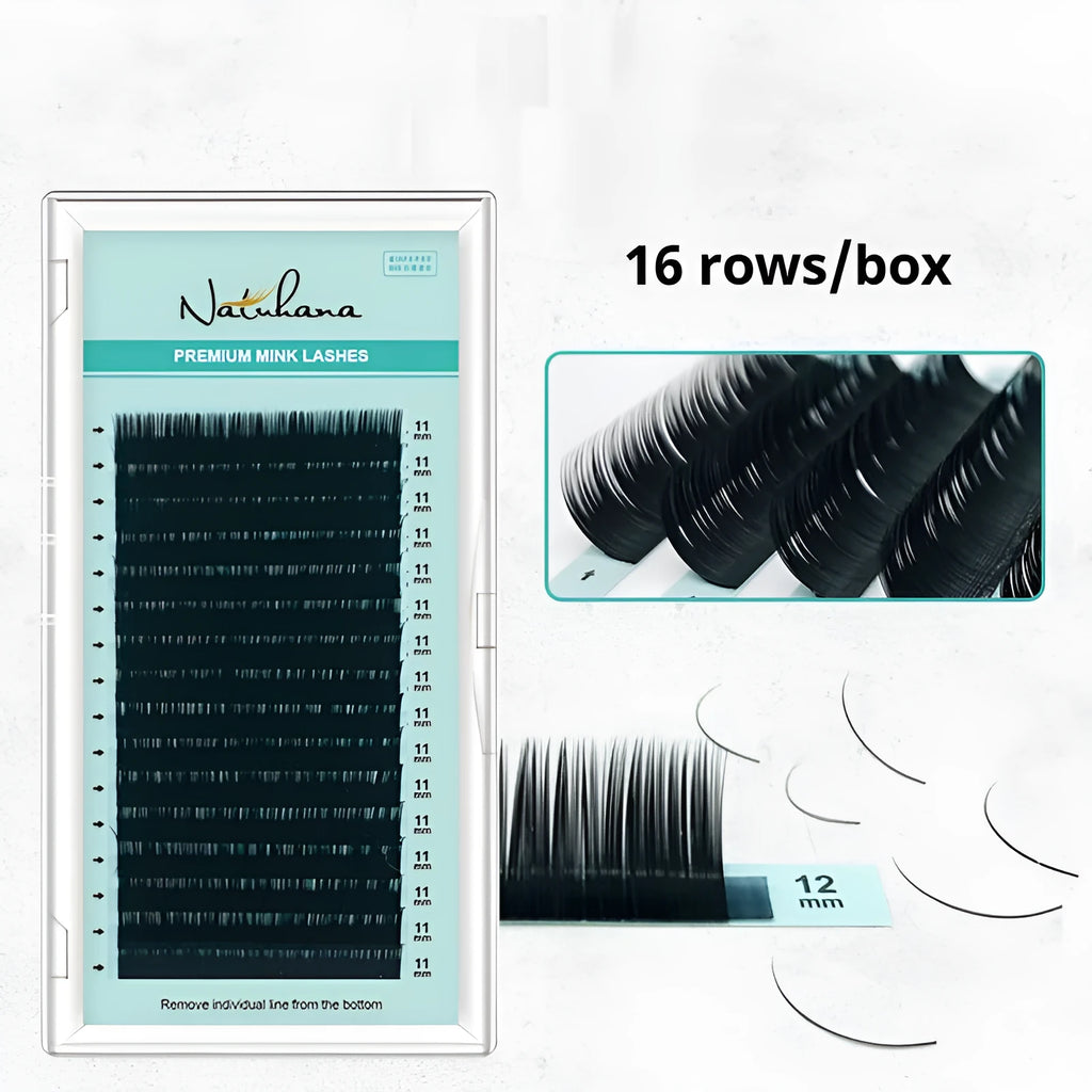 A pair of soft velvet false eyelashes made from artificial fibre, shown in various lengths from 7mm to 15mm.