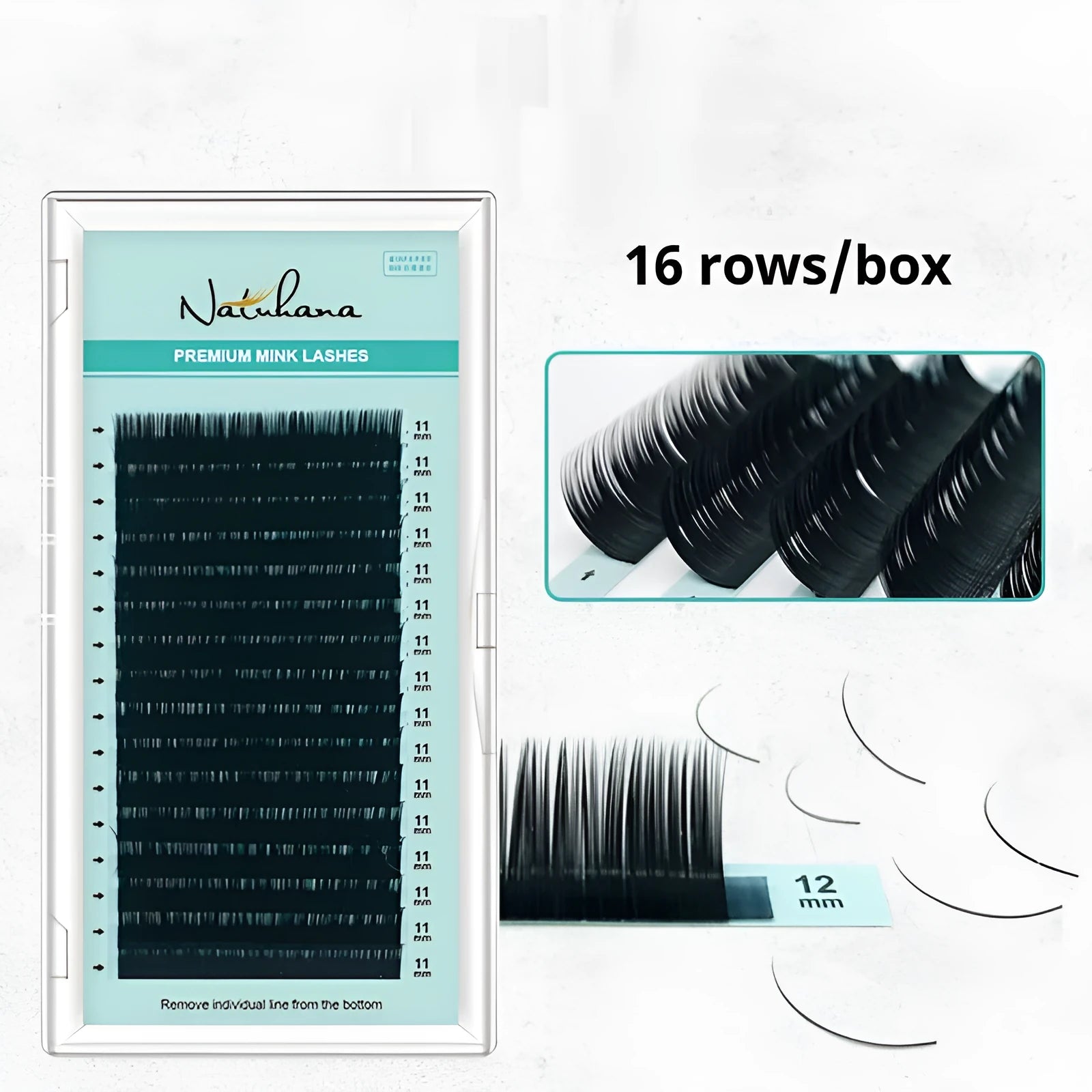 A pair of soft velvet false eyelashes made from artificial fibre, shown in various lengths from 7mm to 15mm.