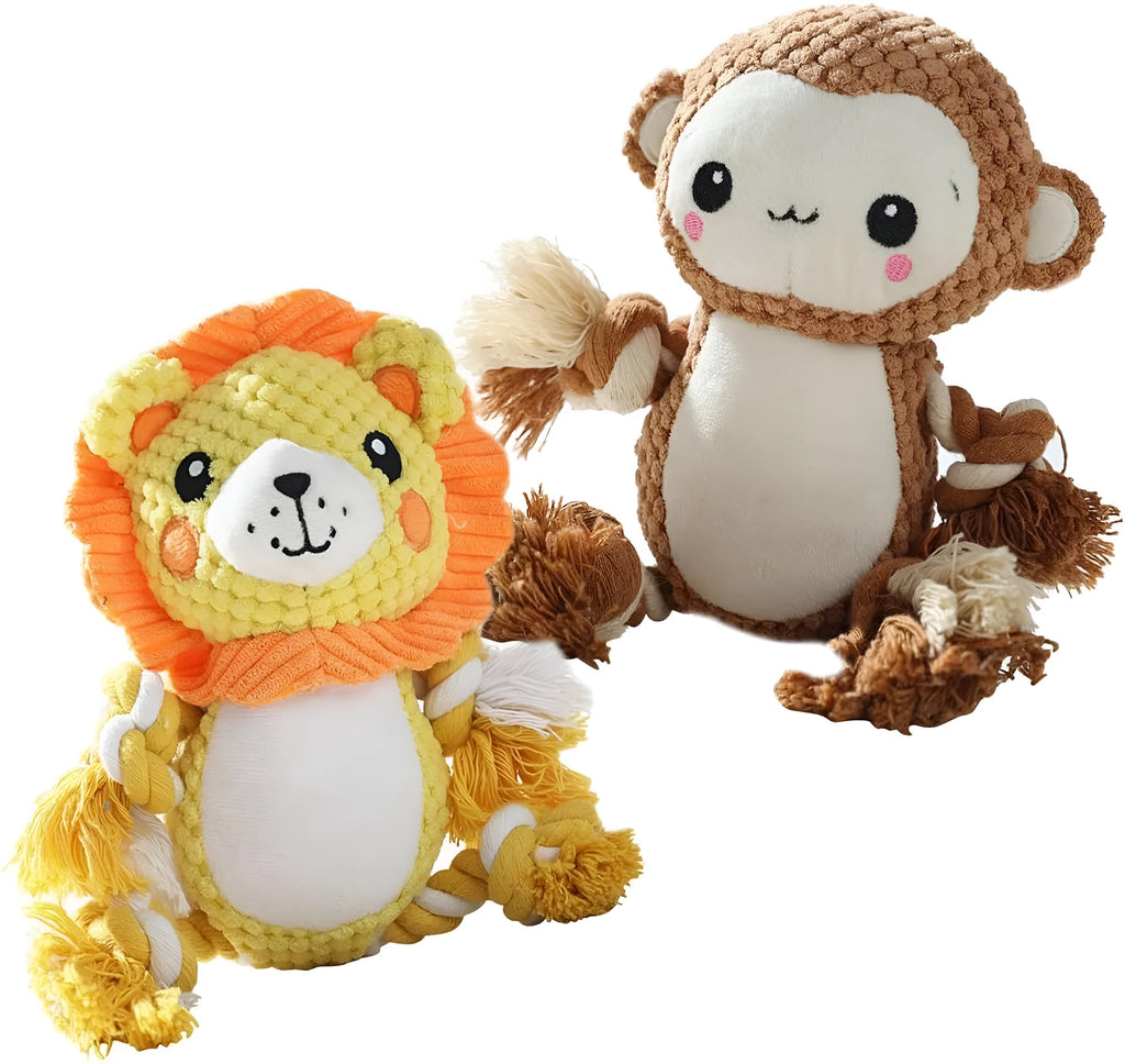 Lion and monkey plush squeaky dog toys bundle for medium to large breed dogs