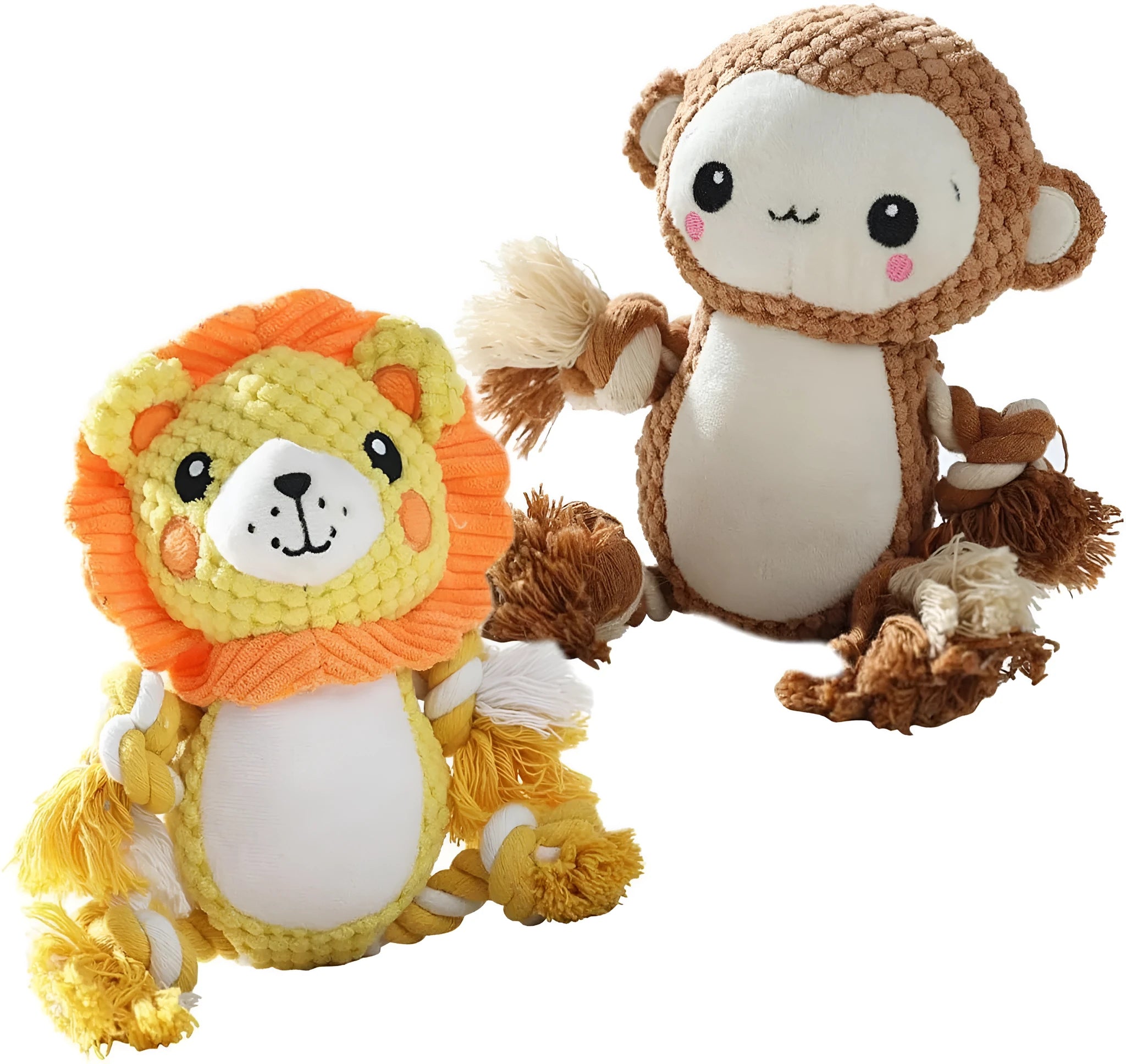 Lion and monkey plush squeaky dog toys bundle for medium to large breed dogs