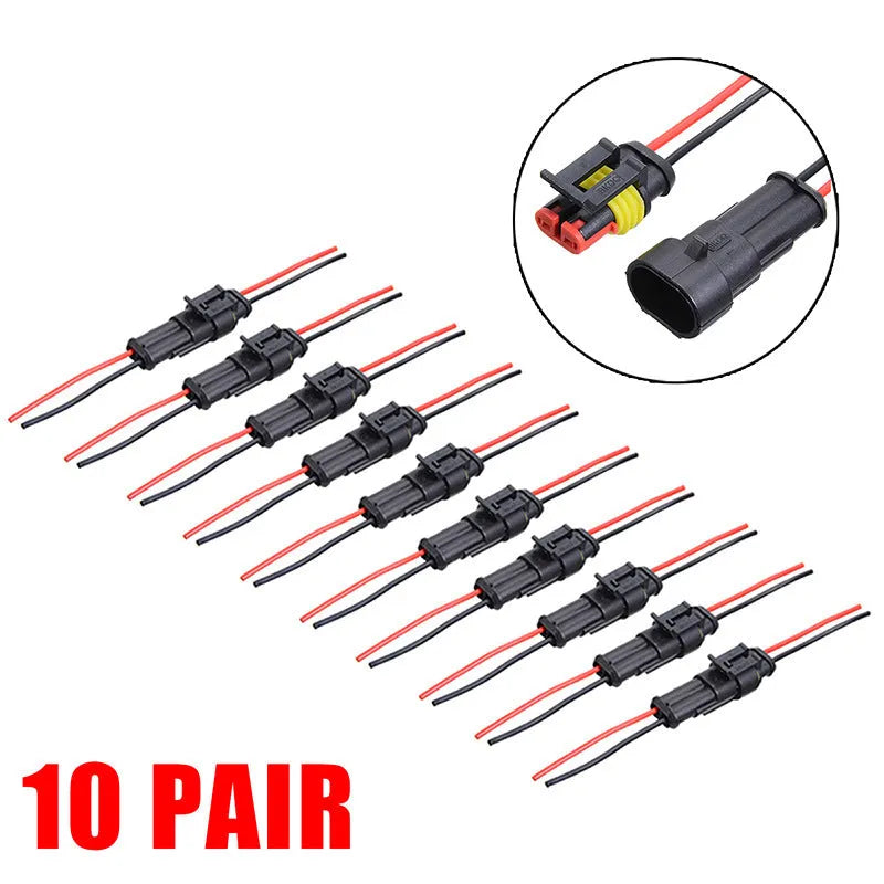 2-pin car waterproof wire connector plug socket 7cm cable copper black 10 pack