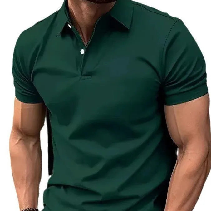 Men's slim-fit solid colour short sleeve button-up shirt on a hanger.