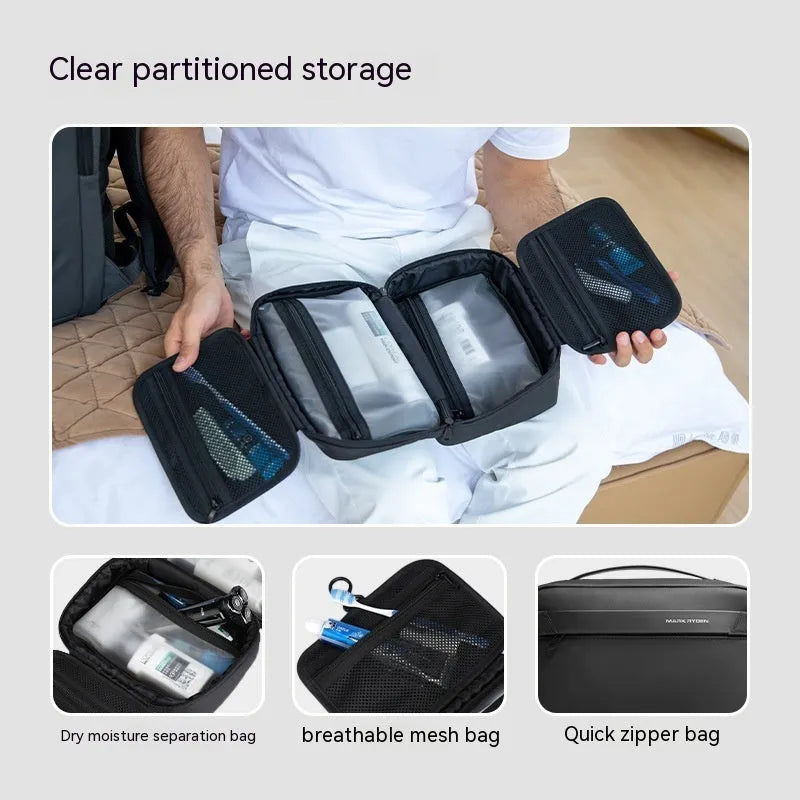 Men's portable Oxford cloth toiletries storage bag with wet and dry separation compartments shown in graphite grey.