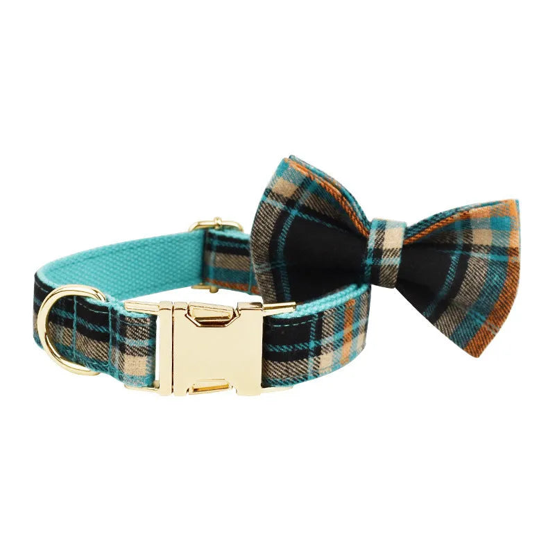 Green retro dog collar set with matching leash, bow, and vest on white background