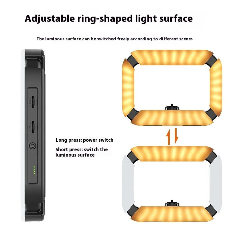 White handheld ring photography fill light bracket with frosted soft light panel, circular lamp, phone clip, and 20W CRI96 LED.