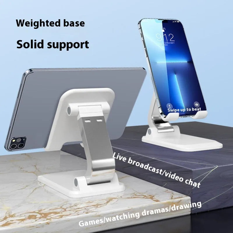 Foldable universal phone holder in black or white for bedside and desktop use
