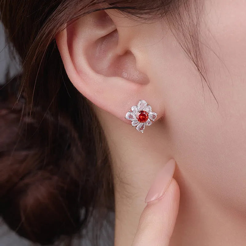 Women's sterling silver retro earrings with platinum plating and geometric pigeon red design