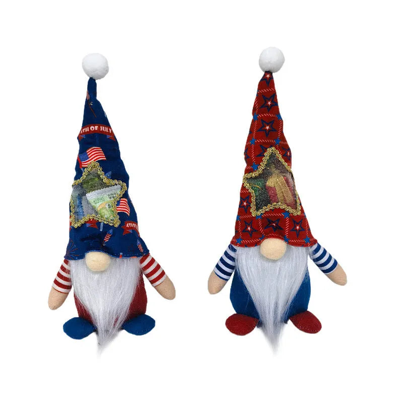 Two matching red and white faceless Rudolf suit doll candy bag Christmas ornaments hanging.