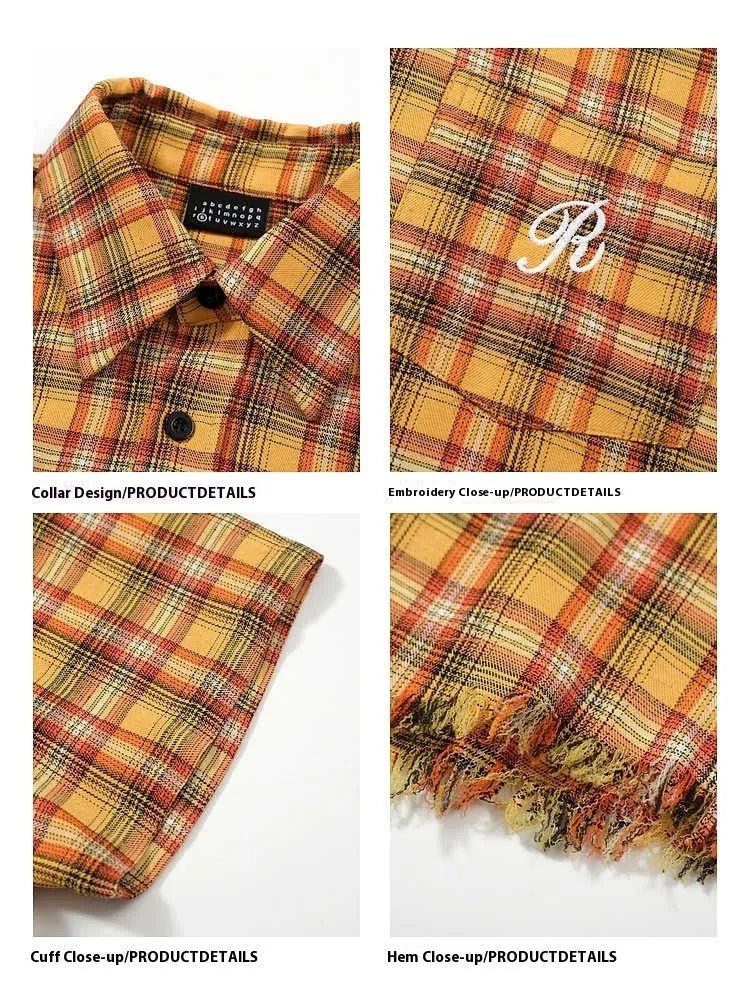 Yellow grid plaid short sleeve shirt with embroidered pocket, loose fit design for men and women