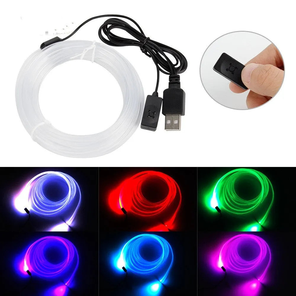 Universal car EL luminous ambience light strip with USB connector in colourful glowing demonstration