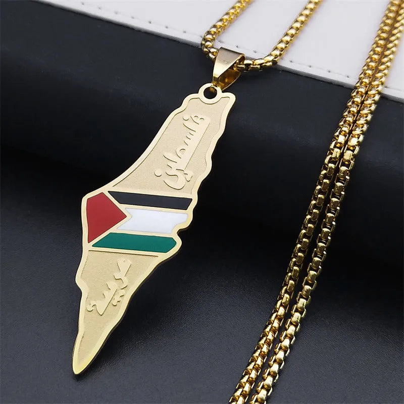Gold stainless steel Palestine Israel map pendant necklace with 60cm box chain on white background