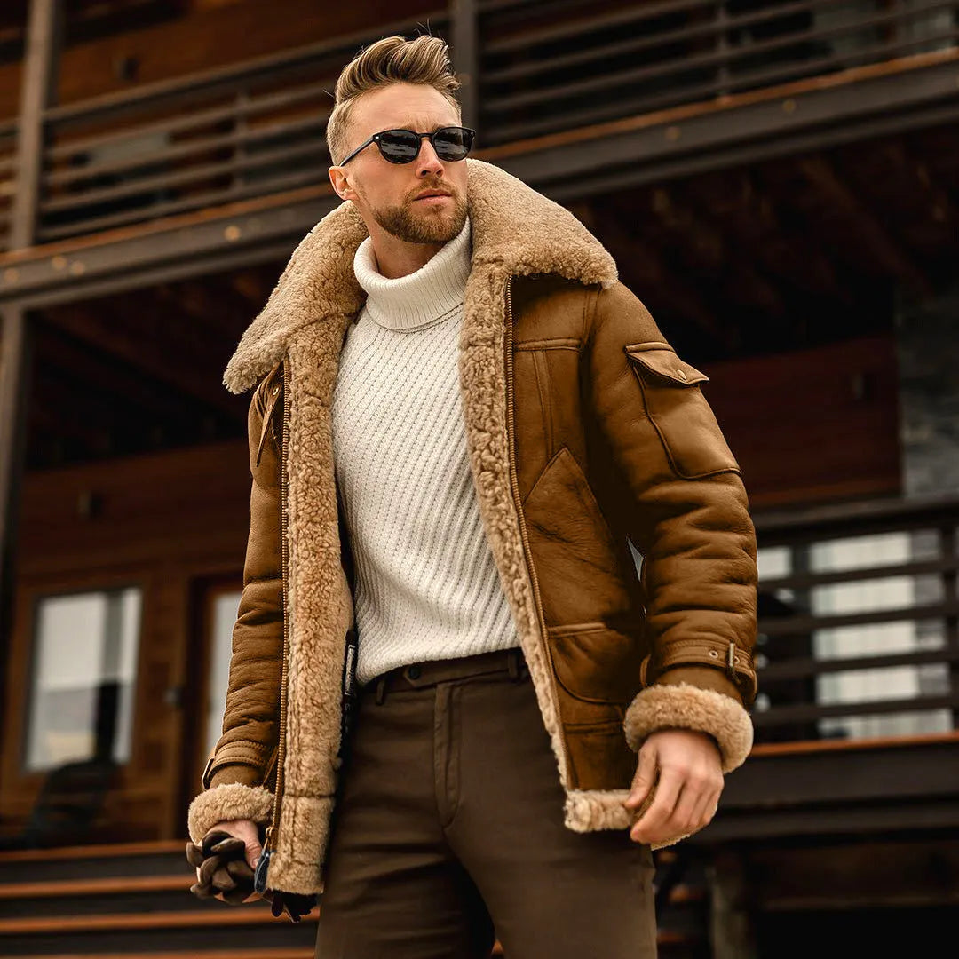 Men's military fleece winter jacket with fur collar, multiple pockets, in black colour