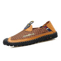 Men's brown casual breathable mesh shoes with round toe and rubber sole.