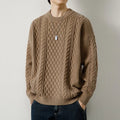 Men's round neck knitted sweater pullover in beige, loose fit polyester fibre top