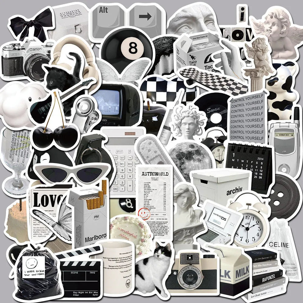 61-piece pack of black and white PVC waterproof decorative stickers laid flat.