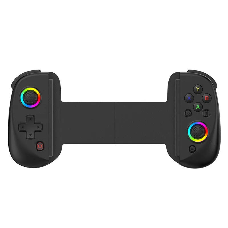 D8 Bluetooth gamepad extended to hold a tablet, showing black plastic body with coloured option highlights.