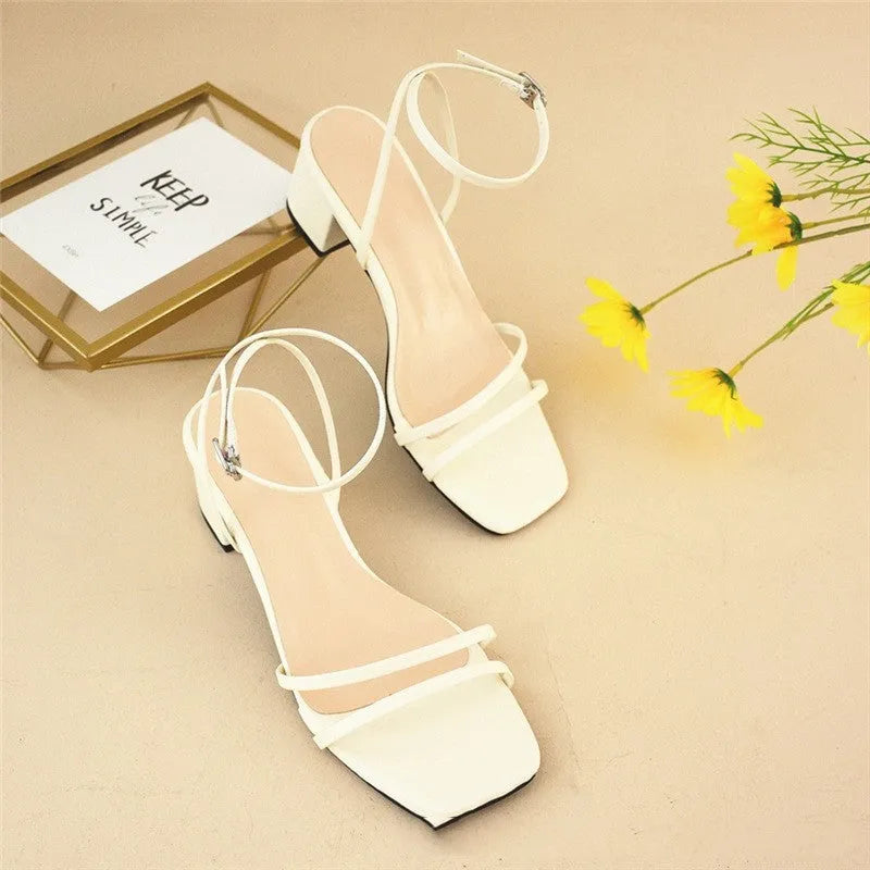 Beige women's stiletto sandals with square toe and ankle buckle on chunky heel