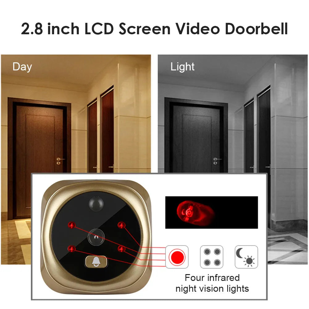 Gold video doorbell with 2.8-inch TFT screen showing infrared night vision mode on a wooden door