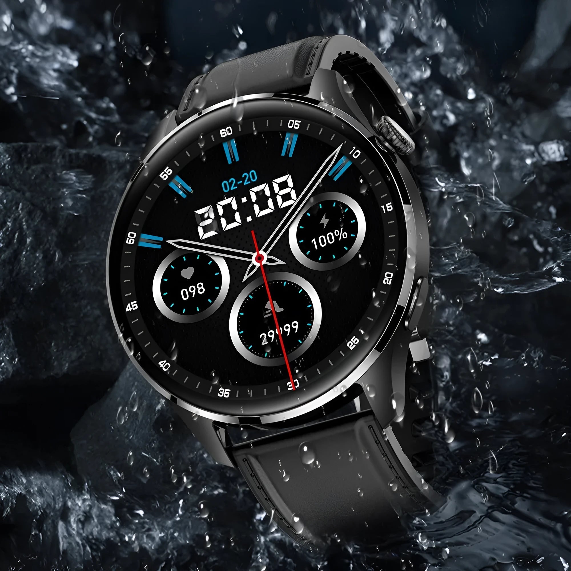 Smartwatch with round colour screen showing access control interface, on a black silicone strap.