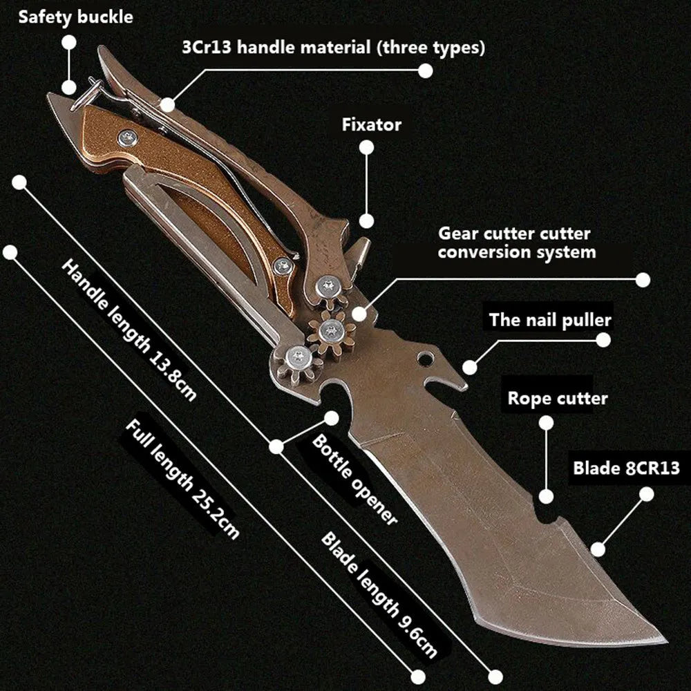 Mechanical Tools straight camping knife with black handle, 96mm 8CR13MOV blade on khaki background