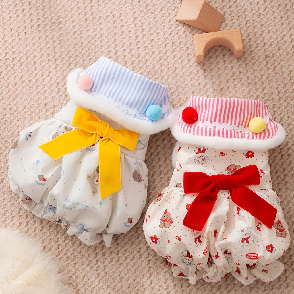 Autumn winter pet clothes for small dogs and cats, warm skirt with built-in D-ring belt in blue and red.