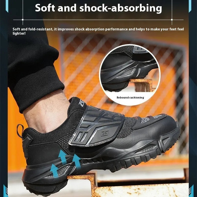 Black mens safety work shoes with steel toe cap and felt buckle closure