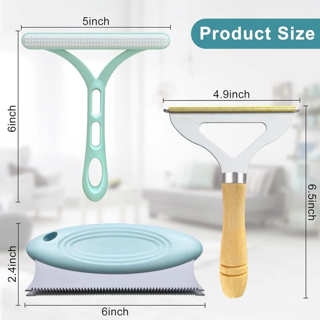 Three-piece pet hair remover set showing metal lint tool, silicone brush, and round sticky surface cleaner