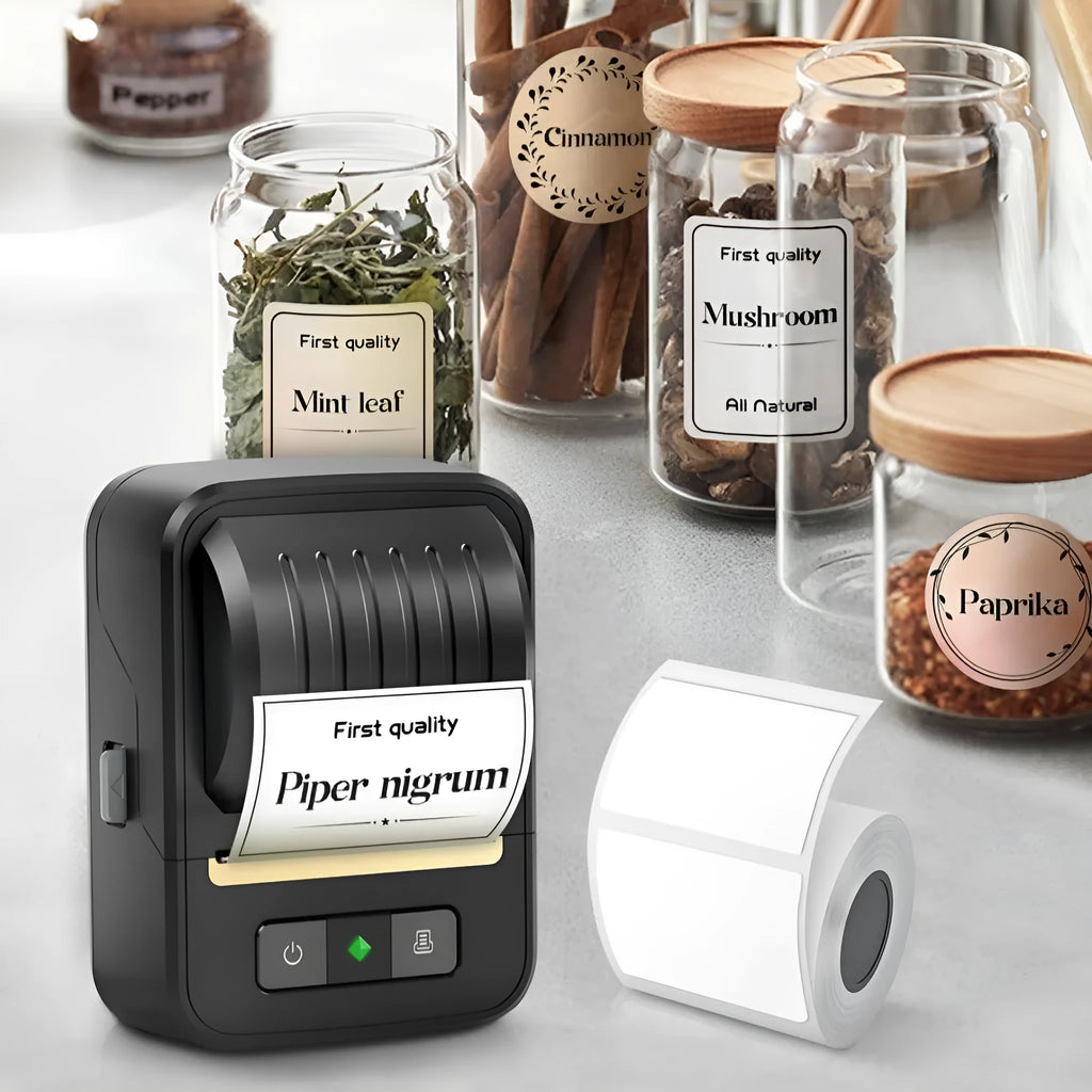 Black Bluetooth thermal label printer with 40x30mm label roll and Type-C cable